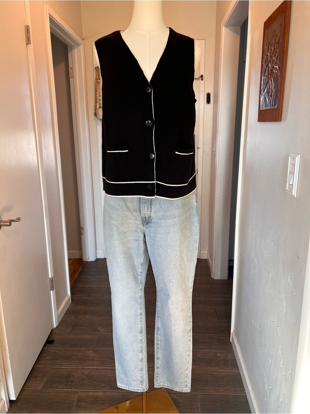 BROADWAY Black Knit Button Vest with Cream Trim